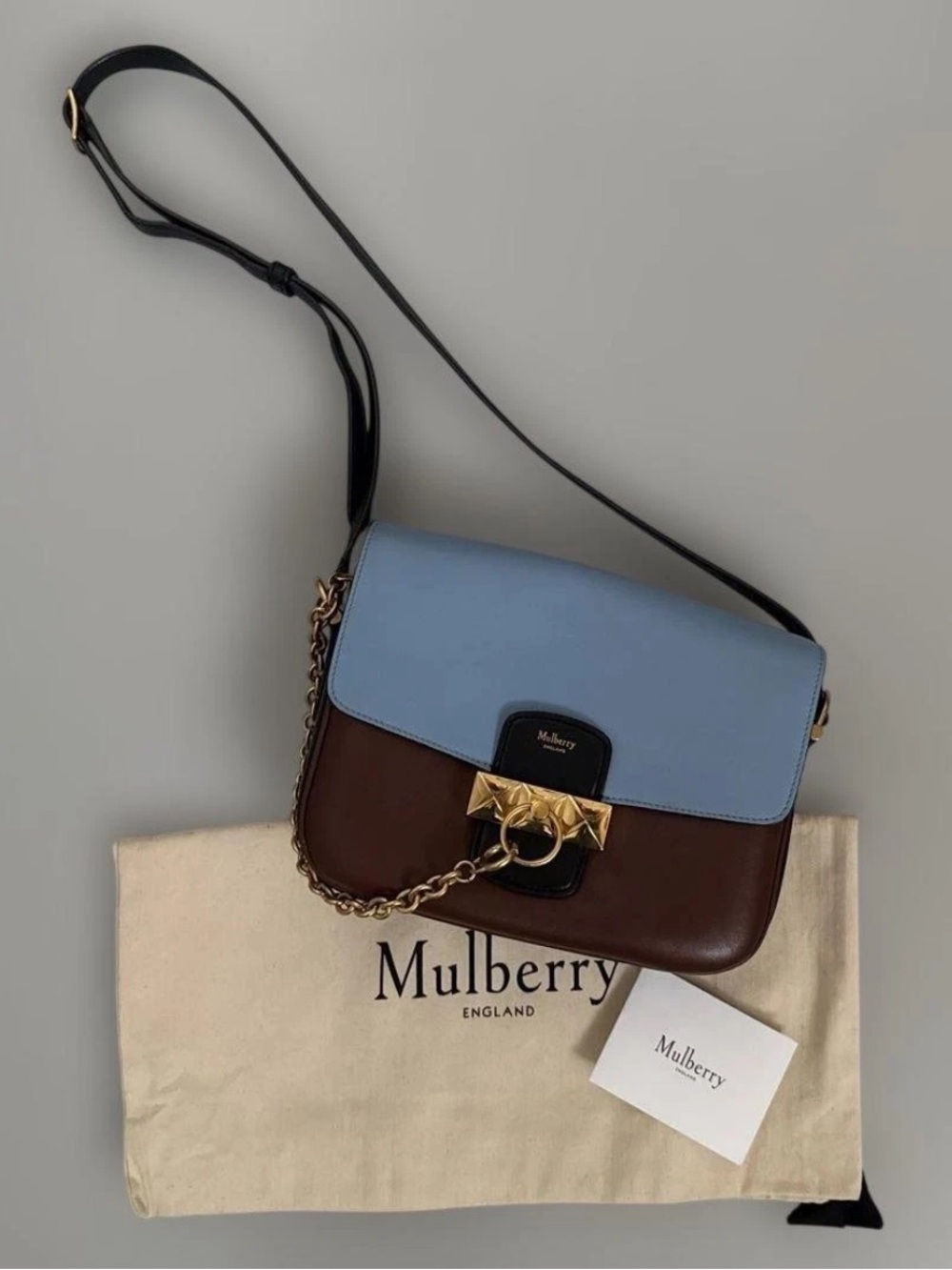Mulberry Two-Tone Blue and Brown Leather Crossbody with Gold Hardware